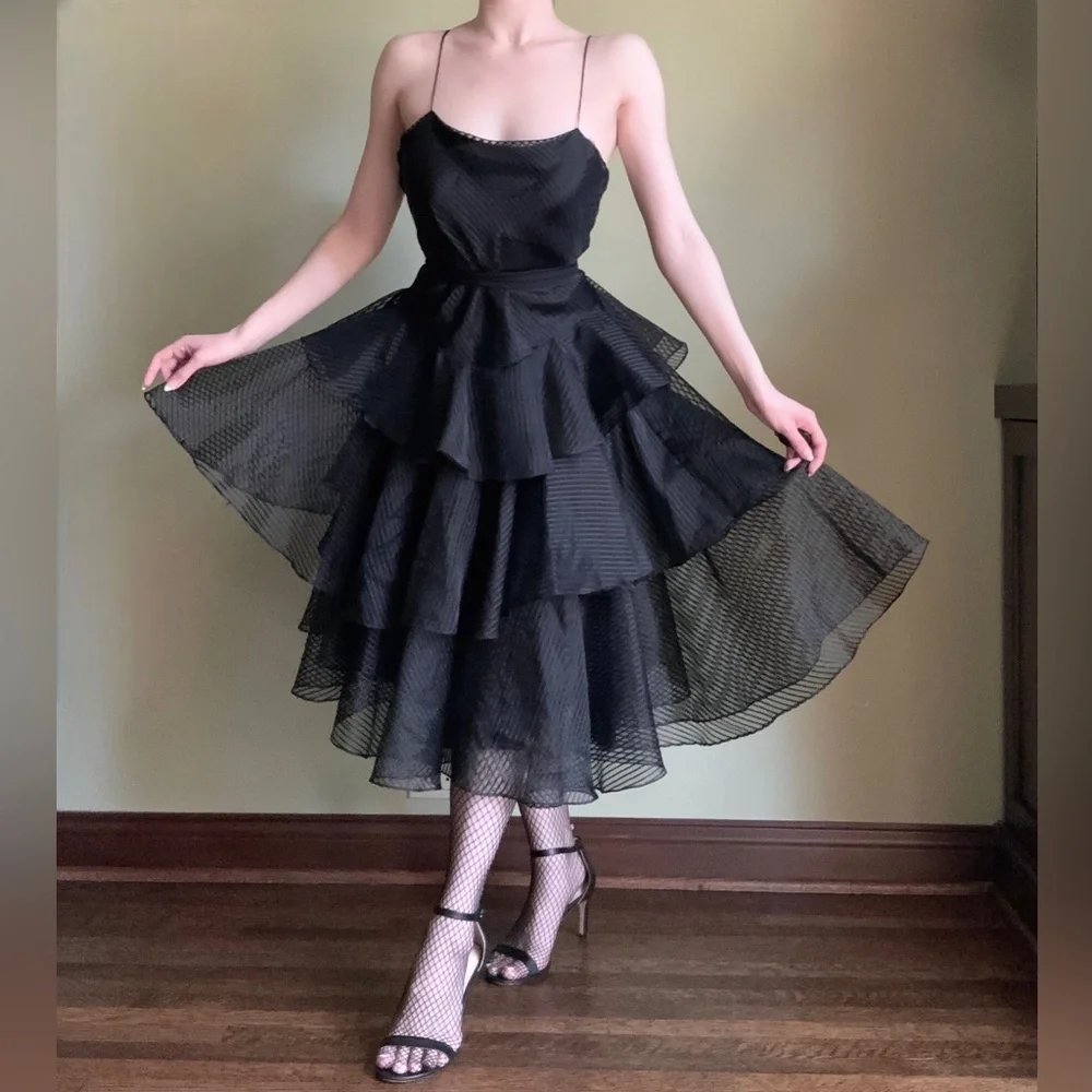 Wednesday Dress, Tiered Ruffled Formal Gown, Tea Length, Goth Prom Dress - Picture 4 of 14